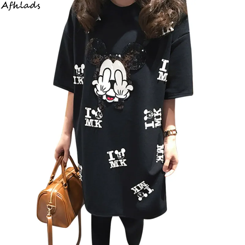 Подиумная модная повседневная женская футболка с коротким рукавом и мультяшным принтом, черная длинная футболка с блестками, большой размер XL-5XL