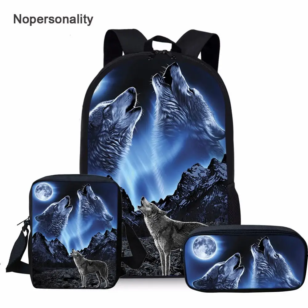 

Nopersonality Cool Animal Wolf Print School Bag Set for Primary Boys Girls 3d High Student Kids Schoolbag Children Bookbags