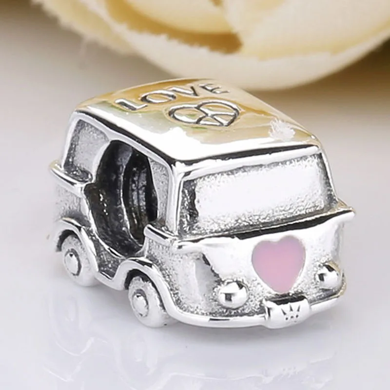 

New 925 Sterling Silver Bead Charm Pink Enamel Heart Adorns Love & Peace Sign Camper Van Beads Fit Pandora Bracelet Diy Jewelry