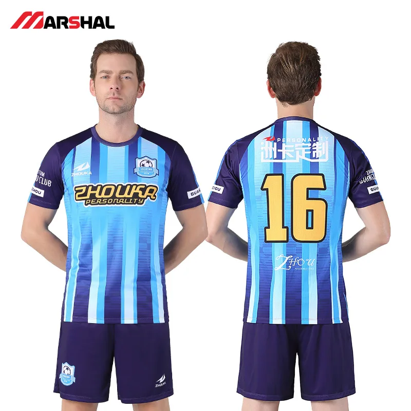 

2018 2019 High Quality Custom Men Soccer Sets Uniform Football Jerseys Breathable Blue Stripe Traning Sportswear Clothing