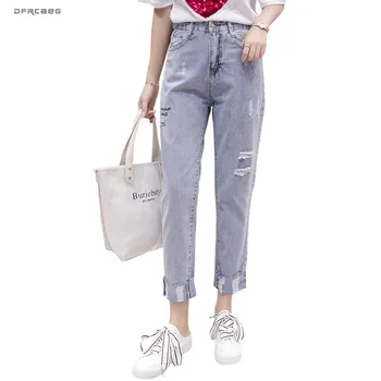 

Light Blue Boyfriend Ripped Jeans For Woman 2019 Summer High Waist Streetwear Embroidery Denim Harem Pants Jean Femme