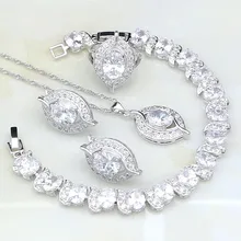 Глаз белый кубического циркония люкс 925 пробы Серебряные комплекты ювелирных изделий для Для женщин свадебные Браслеты/Цепочки и ожерелья/кулон/серьги/кольца