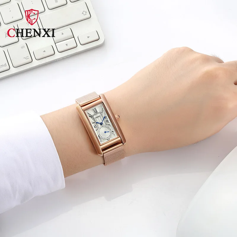 Tanie CHENXI popularna róża zegarki codzienne damskie unikatowy prostokąt cyfra rzymska niebieski wskaźnik Stop Watch wodoodporny elegancki damski zegar