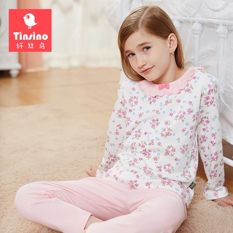 Tinsino Girls Autumn Pajama Sets Long Sleeve Flowers Pajamas Kids