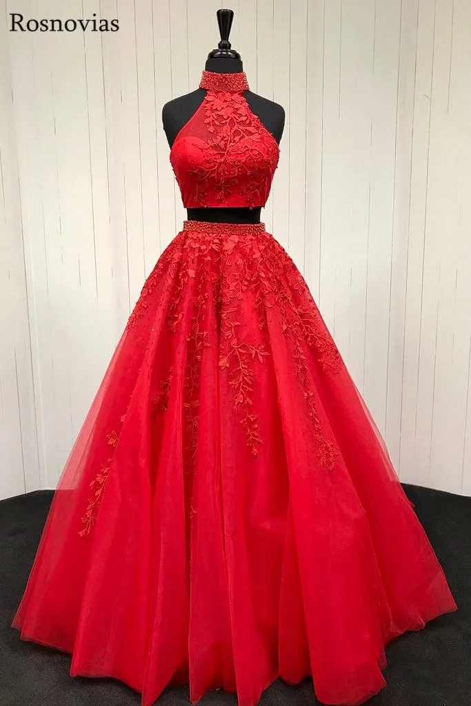 

Red Two Pieces Dress Long Prom Dresses 2019 High Neck Backless Sweep Train Appliques Beaded Evening Party Dresses Formal Gowns