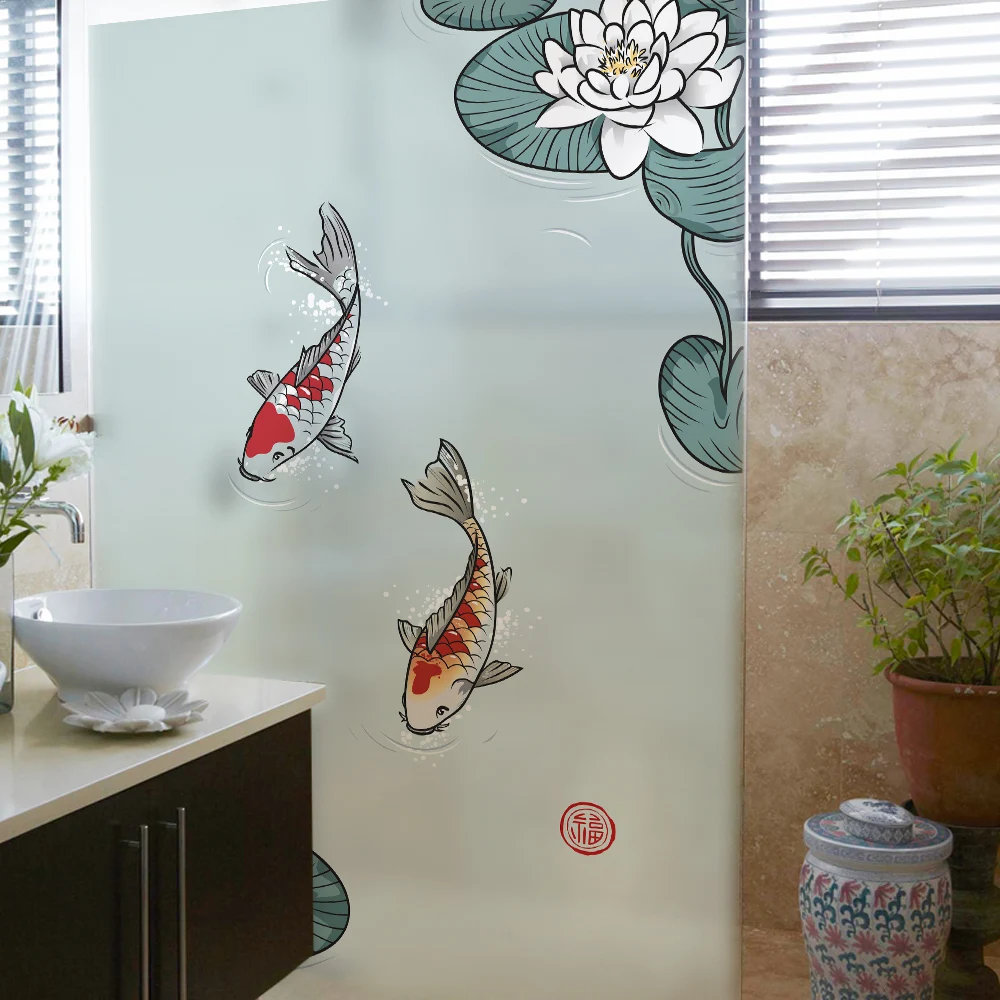 

Stained Static Cling Window Film Frosted Opaque Privacy Glass Sticker Home Decor Digital print BLT1145 Carp and Lotus