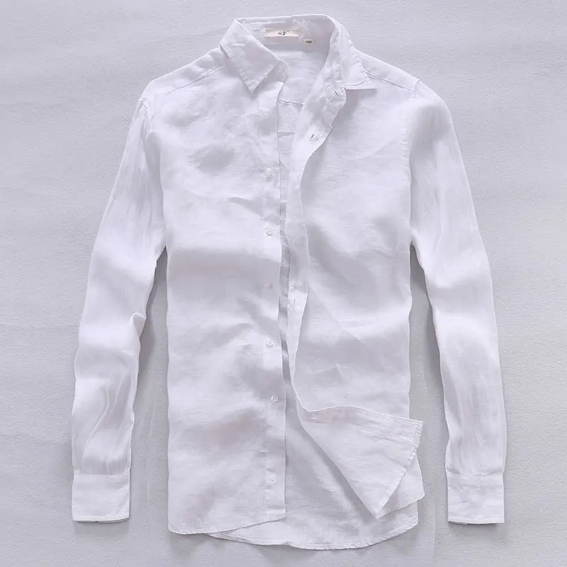 Рубашка мужская с длинным рукавом однотонная из льна|camisa masculina|linen shirts mencasual men shirt |