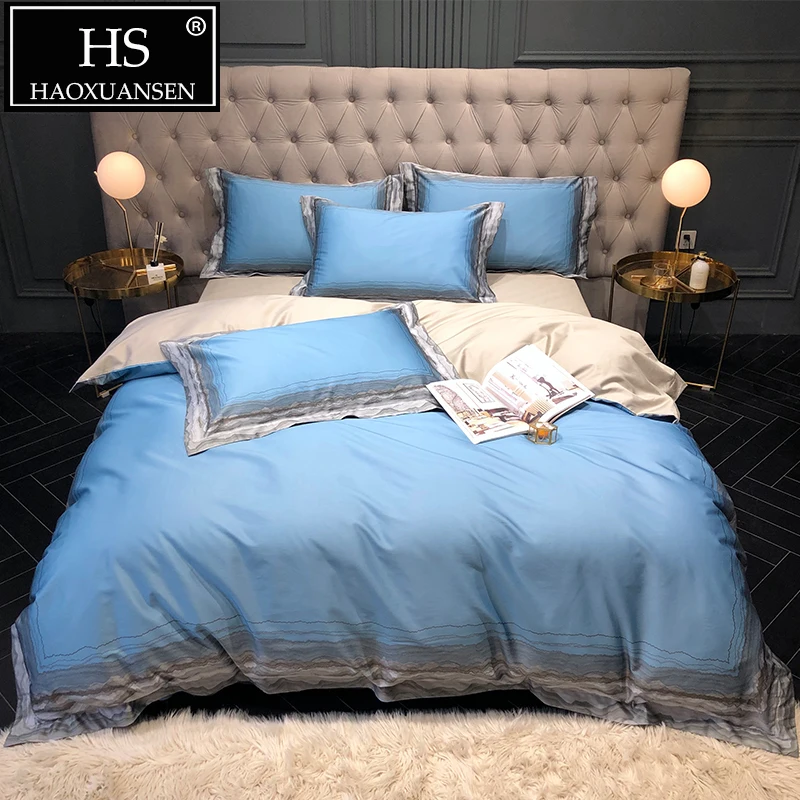 

High Quality 100% Egyptian Cotton Blue Comforter Bedding Set 100S Nordic 4pcs Bed Linen Set Queen King Size Double Bed Sheets