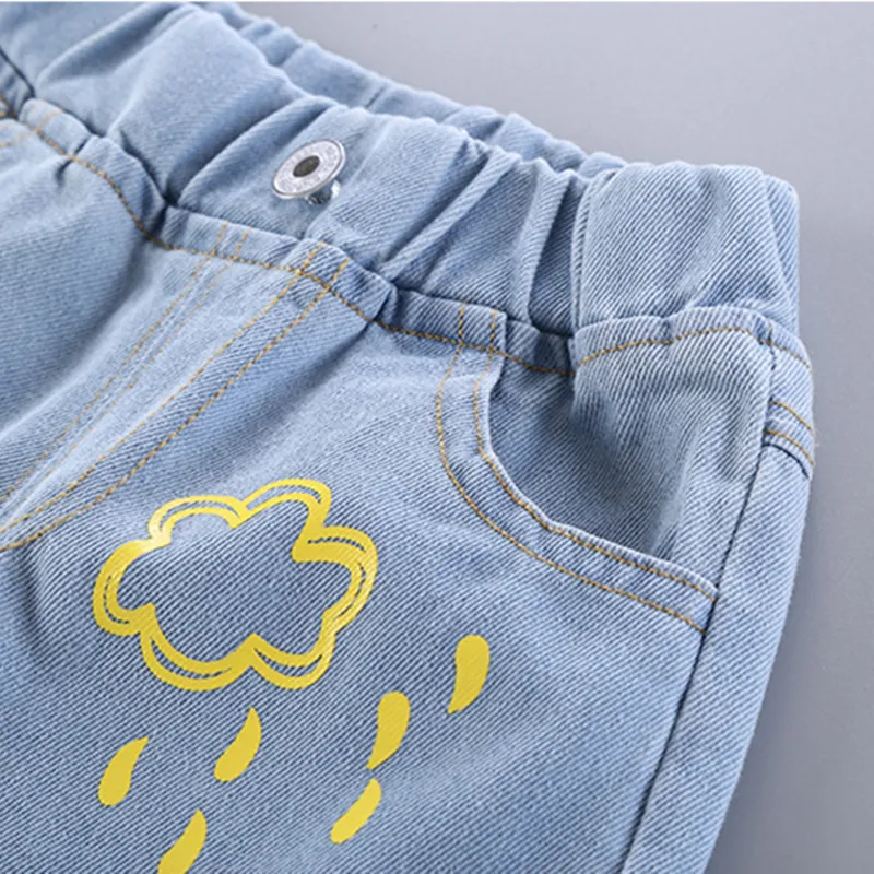 Джинсы для девочек рваные штаны джинсовые брюки Сломанные Отверстия леггинсы с героями мультфильмов свет Цвет Эластичная детская одежда
