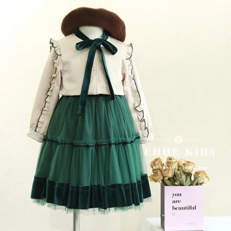 

Girls suit 2019 spring autumn new children long-sleeved bow shirt with velvet mesh skirt two-piece sets for girls dress