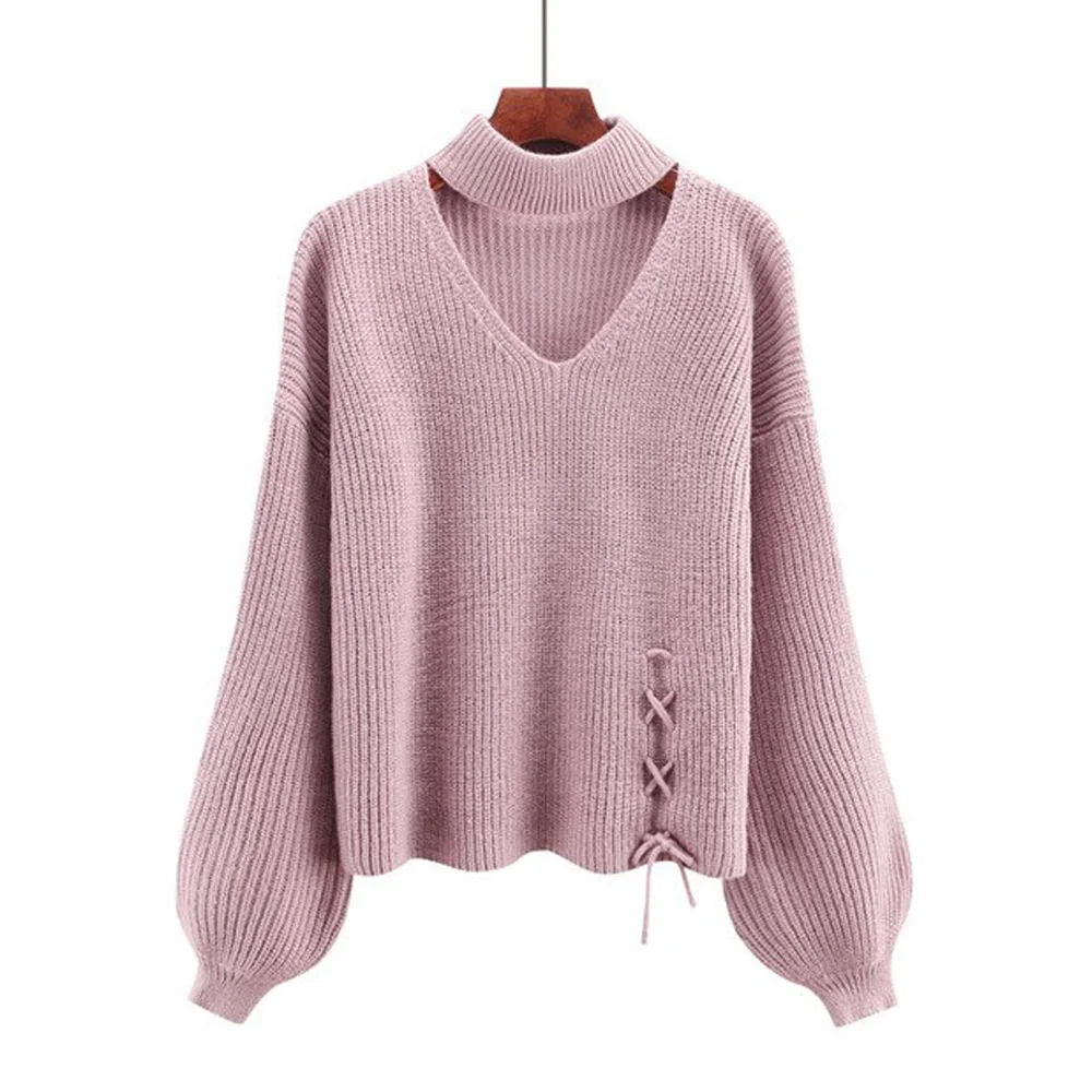 

Joineles Fashion Autumn Winter Women Sweater Jumper Pullover Cut Out V Neck Lantern Sleeve Chunky Choker Sweaters pull femme