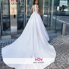 Иллюзия сзади Кристалл Бисером Дубай атласные свадебные платья невесты платья без рукавов суд Поезд размера плюс свадебное платье W0553