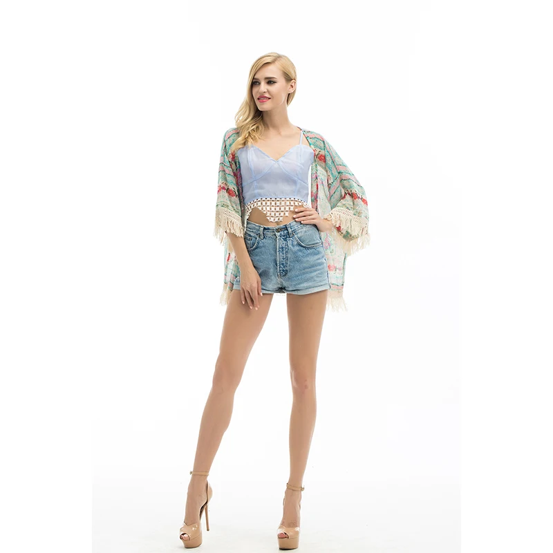 

Boho Fringe Floral Kimono Cardigan Tassels Tops 2018 New arrival Women Cape Chiffon Three Quarter Shirt