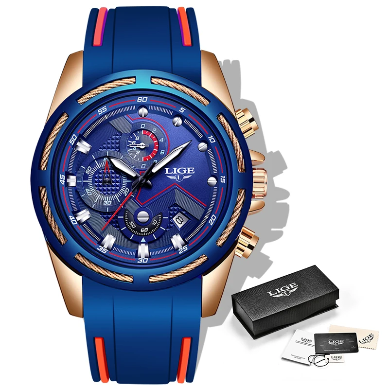 LIGE New Men Watches Top Brand Luxury Blue Silicone Strap