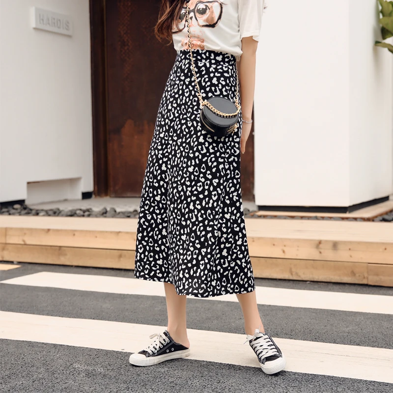 

2019 New Arrivals Women Chiffon Skirts Spring Summer Leopard A-line Skirts High Waist Mid-calf Elegant Korean Office Lady Skirts