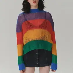 Laipelar/свитера с цветными блоками 2018, трикотажные пуловеры в радужную полоску, свободные повседневные топы, тонкие Джемперы, Femme