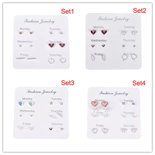 

6 Pairs Crystal Star Moon Stud Earrings Set Leaf Triangle Geometric Women Earrings Small Ear Studs Jewelry For Girl 4 Style