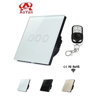 

Aoyan EU Standard Touch Switch, 3 Gang 1 Way Crystal Glass Panel Wall Switch ,110V-250V Remote Switch Wireless For Light Lamp