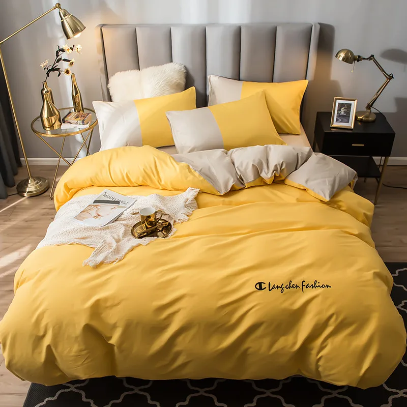 

40S 13372 Pure Cotton AB Side Duvet Cover Bed Set Bed Sheet Pillowcases Embroidery Solid Yellow Light Brown Queen King