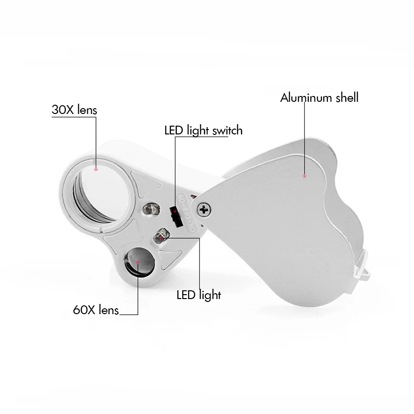 30X 60X портативный двойной светодиодный фонарь лупа объектива карманное складывающееся увеличительное стекло ювелирное глазное Лупа с алюминиевой оболочкой