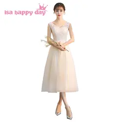 Короткие цветочной аппликацией Шампанское v шеи для выпускного модные платья пикантные чай Длина платья официальные платья с кружевное