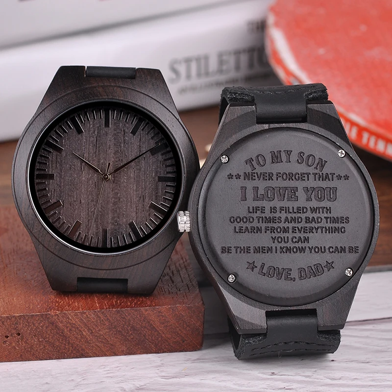 Men Watches Creative Design Logo Engrave on Wood Watch Groomsman Idea Gifts Leather Strap Casual Clock Relogio Masculino D26