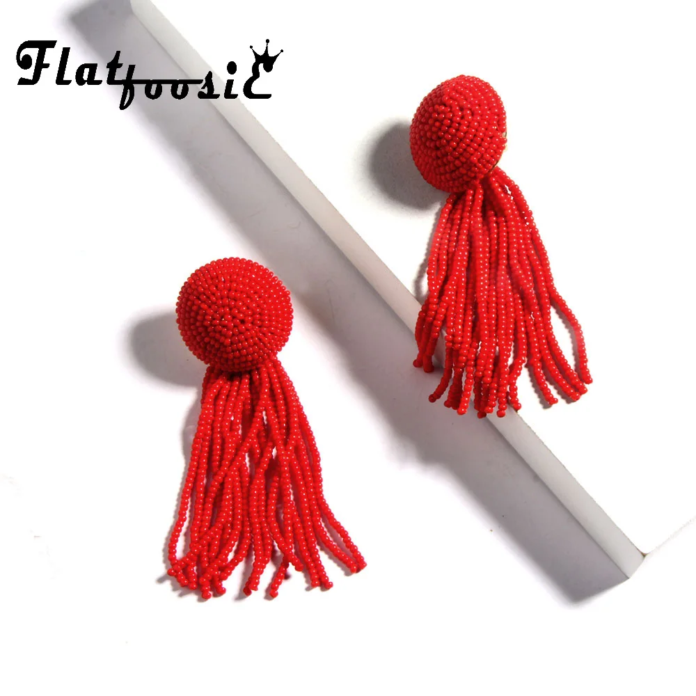 

Flatfoosie ZA Colorful Round Beads Drop Earrings For Women Big Fringe Handmade Long Tassel Statement Earring New Fashion Jewelry