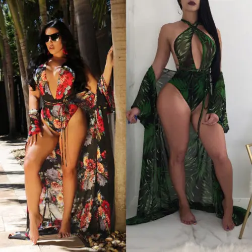 

Top Selling 2Pcs Women Cover Up Bikini Set Lace Floral Print Swimwear Halter Bandage Beach Dress Backless Bathing Suit Beachwear