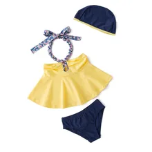Новое поступление, милый желтый купальник с лямкой на шее для маленьких девочек, детский купальный костюм из трех предметов(с шапочкой), 3034