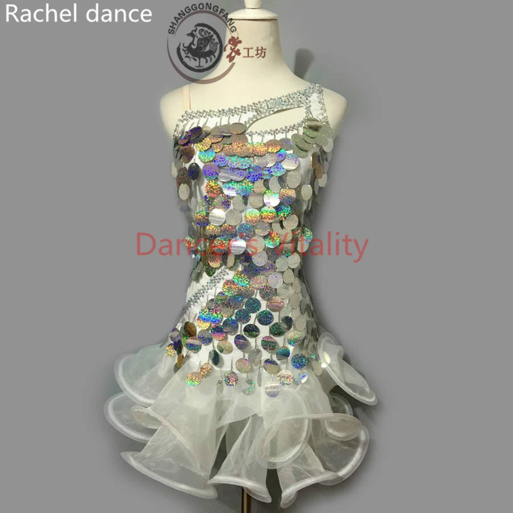 

2017 Fashion Sequins Latin Dance Dress Women Girls Harness Back Opening Salsa Samba Tango Competition Stage Latin Dance Costume