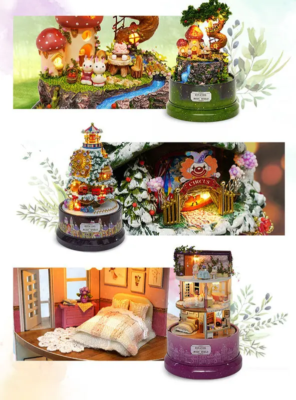 DIY кукольный домик Миниатюрная модель Кукольный дом с мебели вращается Музыкальная шкатулка с пылезащитным покрытием Подарочные игрушки