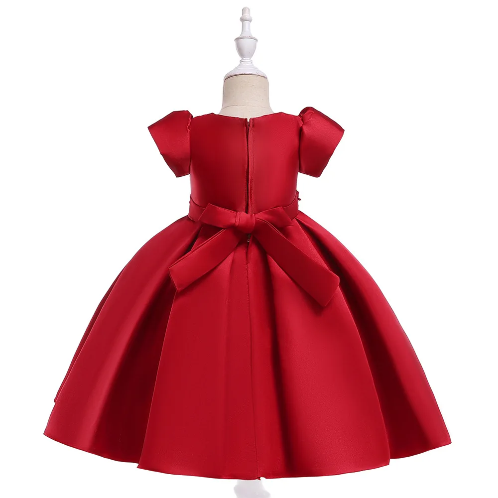 Красные атласные платья с короткими рукавами и цветочным узором для девочек на свадьбу, платья для первого причастия с жемчугом, вечерние