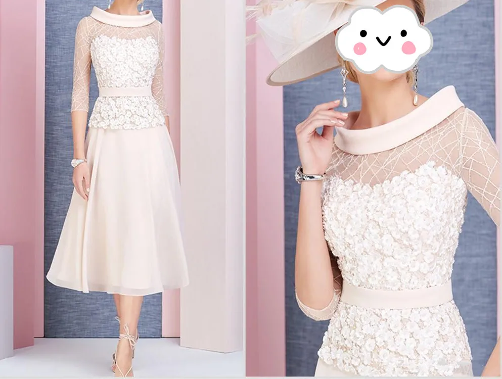 

Mother Of The Bride Dresses vestido de madrinha Scoop Neck 3/4 Long Sleeves Prom Dress Tea Length Lace Formal Wedding Guest Gown