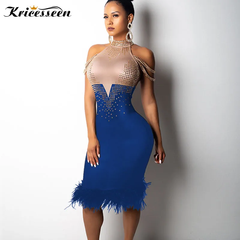 Kricesseen, сексуальное женское платье с перьями, стоячим воротником, с цветным блоком, в стиле пэчворк, без рукавов, с блестками, облегающее, вечерние, миди платье, Vestidos - Цвет: Синий