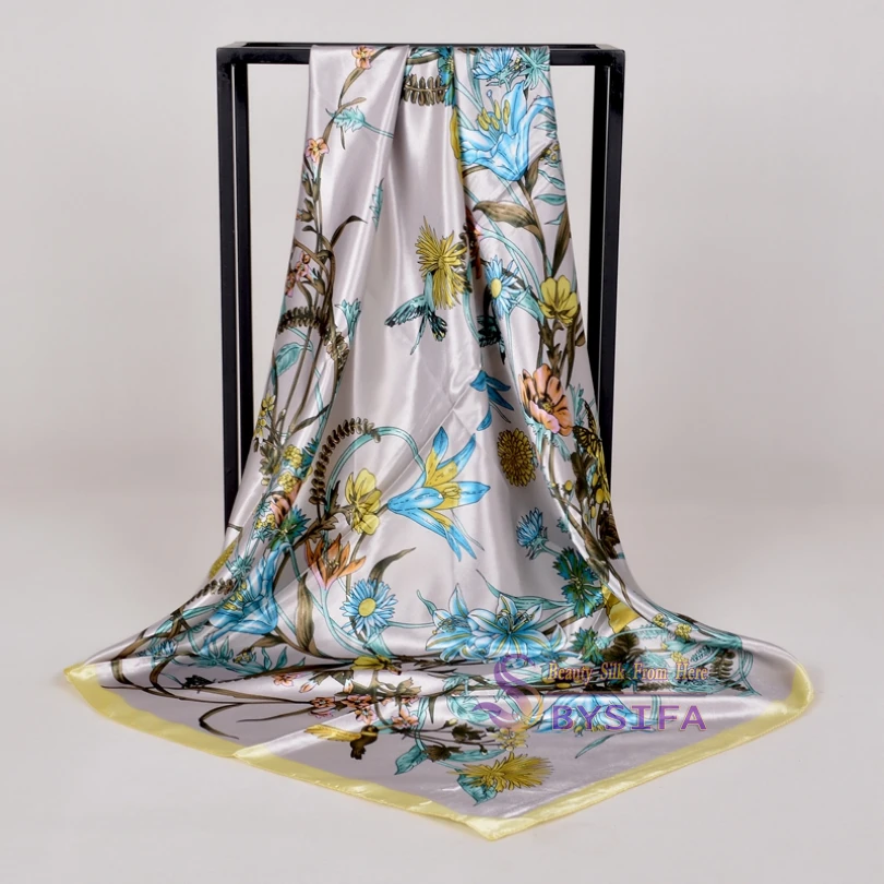 [BYSIFA] Белый Шелковый Атласный Шарф Шаль Зима Весна Осень Элегантный цветочный квадратный шарф Мусульманский женский шарф на шею