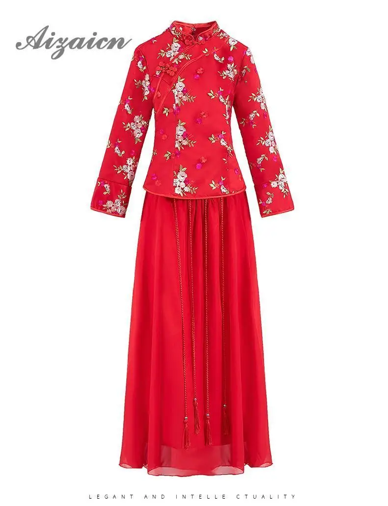 Rojo de novia estilo chino vestido de novia Cheongsam манга larga bordado Qipao vestido tradicional bata Chinoise 2019