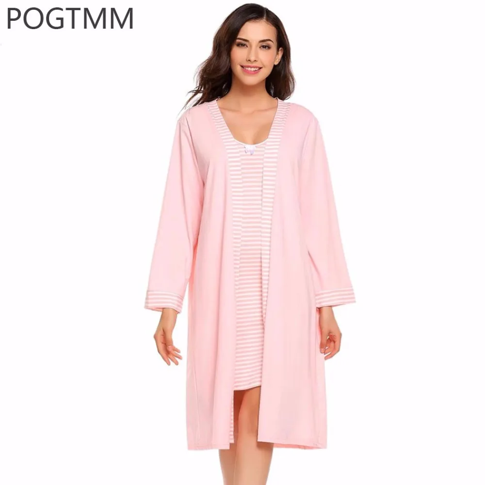 Summer Bath Robe Nightgowns Set Women Striped Flower Print Nightwear
