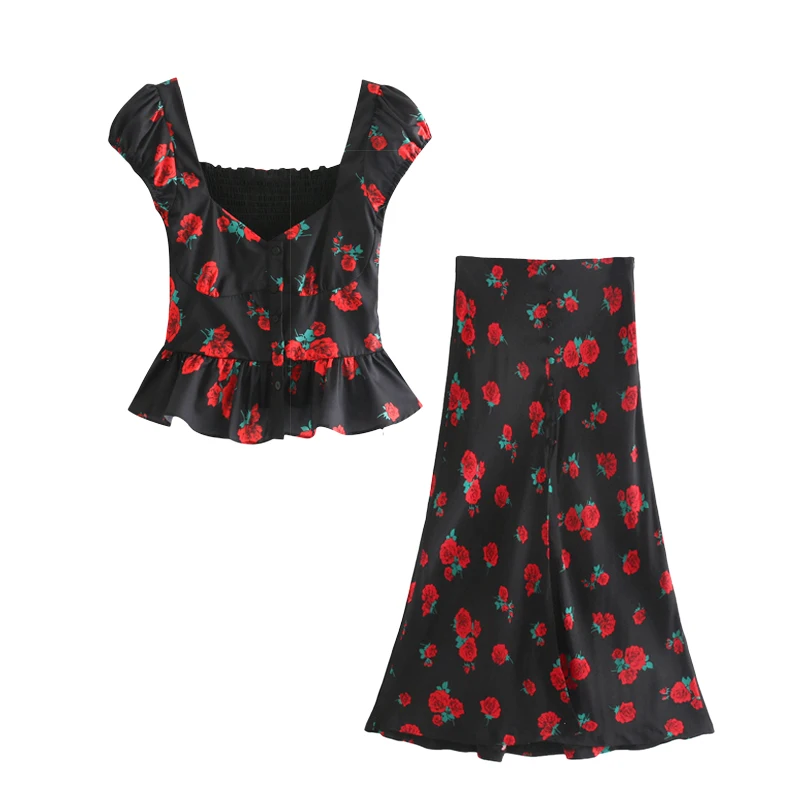 

Women's suit summer new short coat long skirt two-piece female temperament fashion slim casual thin section clothes rose print