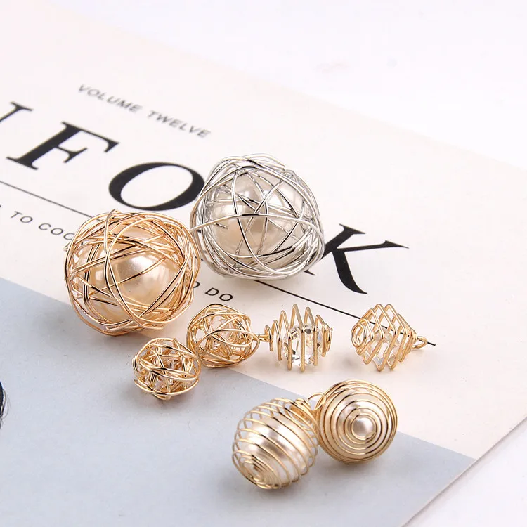 

Fashion DIY Accessories KC Gold Creative Wire Ball + Pearl Earrings Pendant Diy Handmade Components for Jewelry Making 2pcs