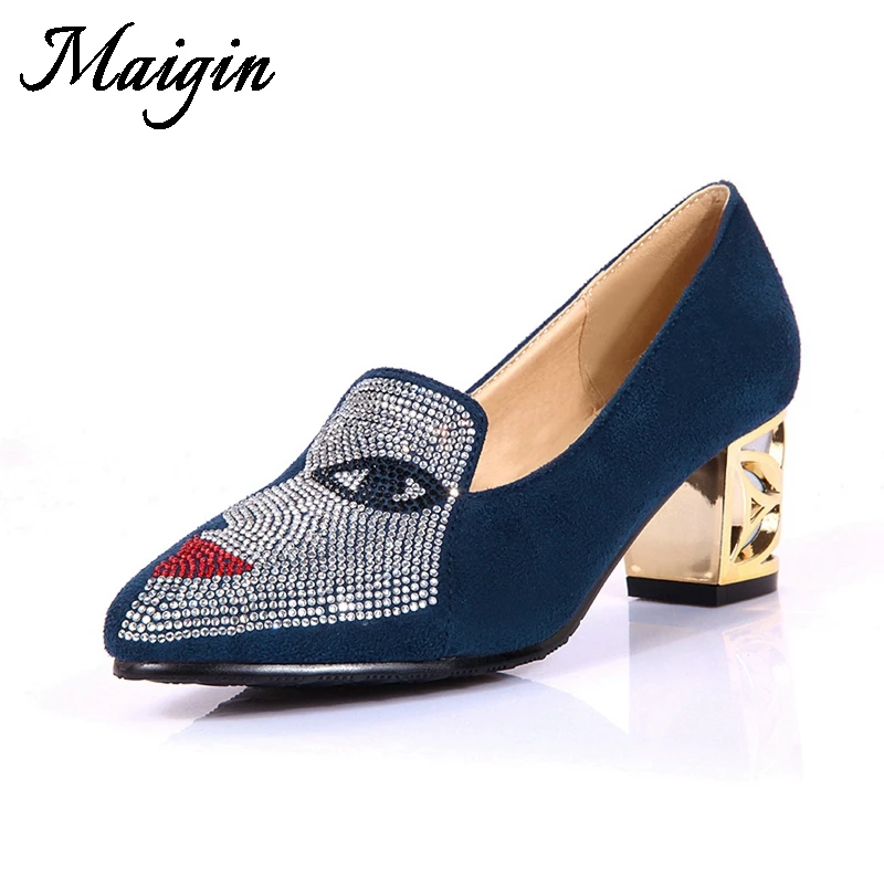 Maigin Block Heels Stiletto Women Pumps Pointed Toe Crystal Ladies Shoes 2018 Autumn Slip-on Footwear Big Size 10 Female Shoes
