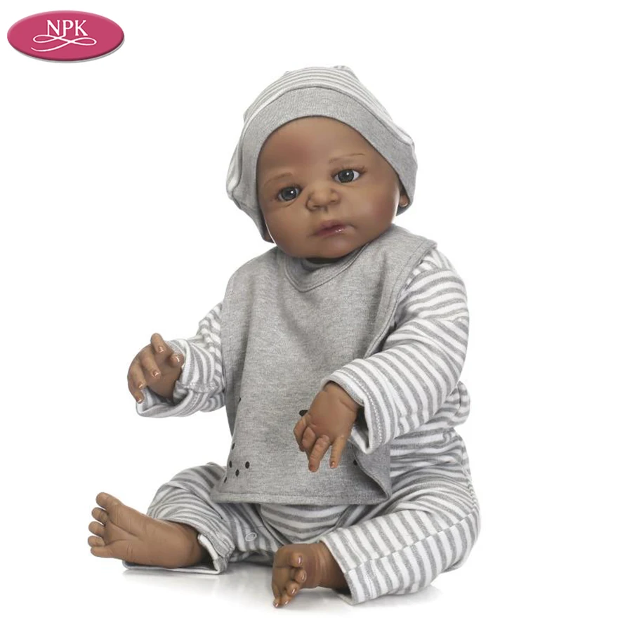 NPK 56CM Full Body Silicone Black Boy Reborn Baby Doll + Stuffed Toy Soft Bear Children Bathe Playmate Toys Lifelike Bebe Menino (6)