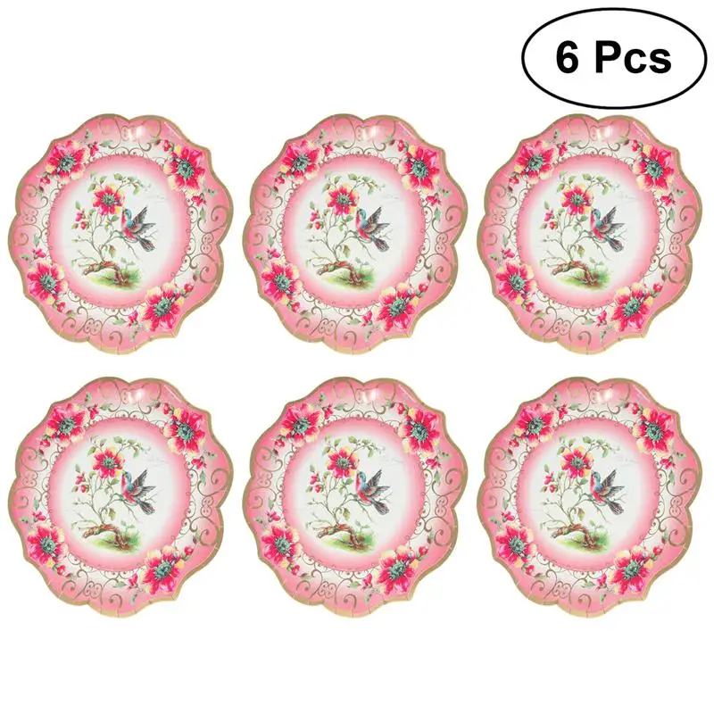 

6pcs 30cm Retro Disposable Paper Plates European Flower and Birds Tableware Wedding Marriage Party Carnival Tableware Supplies