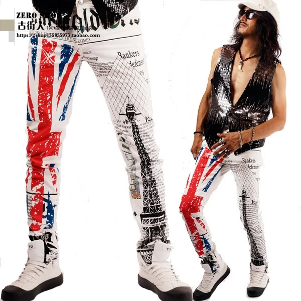 RESARD New Men Jeans Pants Print British Flag Paris Eel Tower White