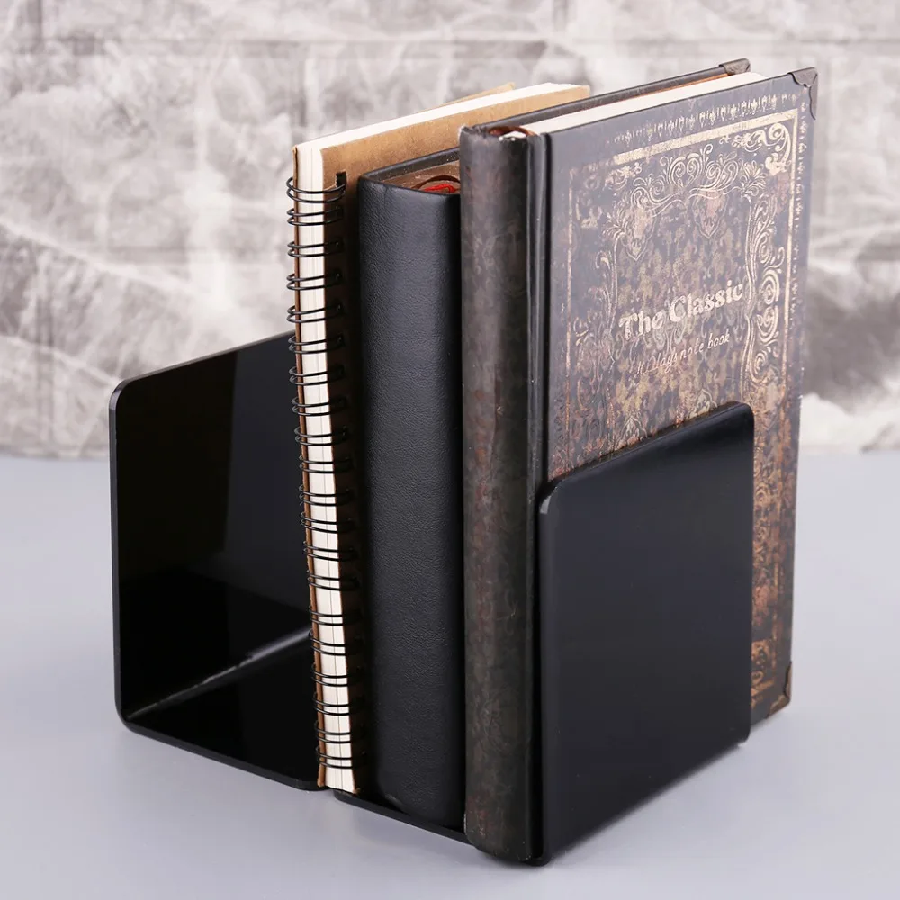 Best 2Pcs Black Acrylic Bookends L shaped Desk Organizer Desktop Book Holder School Stationery Office Accessories J