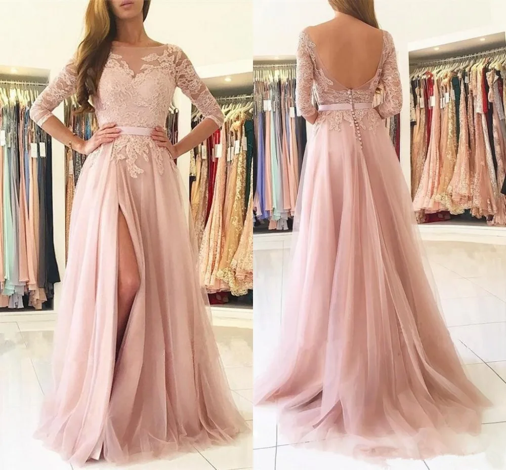 

Blush Pink 3/4 Sleeves Split Prom Dresses Sheer Party Gowns Evening dresses custom made