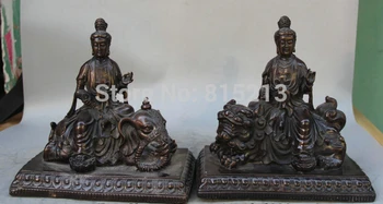 

bi001287 10" Tibetan Bronze Seat elephant Lion Wenshu Manjushri Boddhisattva Statue Pair
