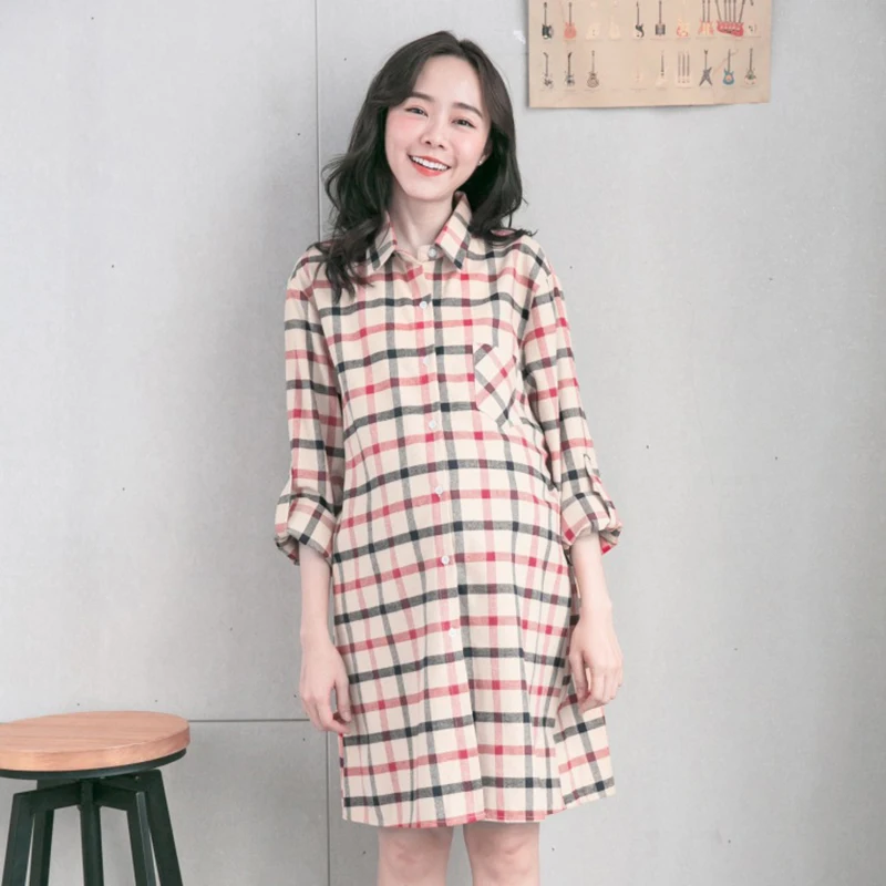 95 Cotton Maternity Plaid Blouse Nursing Dress Pregnancy Long Sleeve