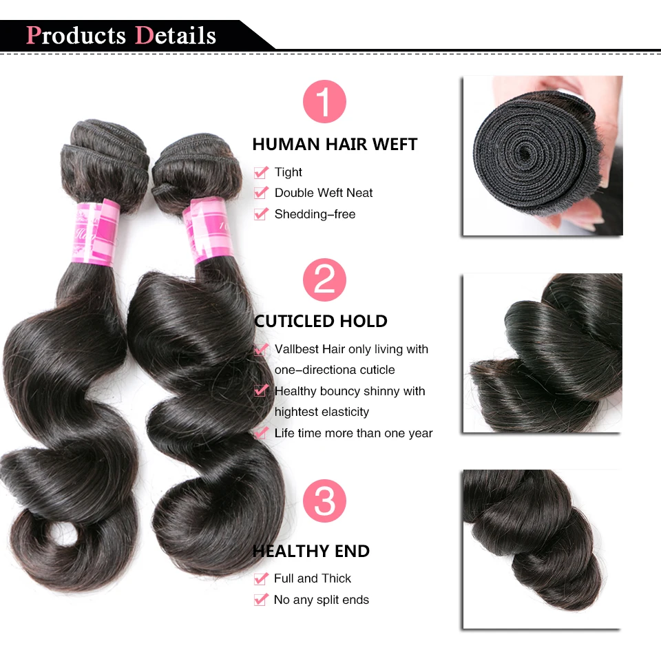 Vallbest Indian Loose Wave Bundles With Closure 3 Bundles 100% Human Hair Weave Remy Hair With Ear to Ear Lace Frontal Closure