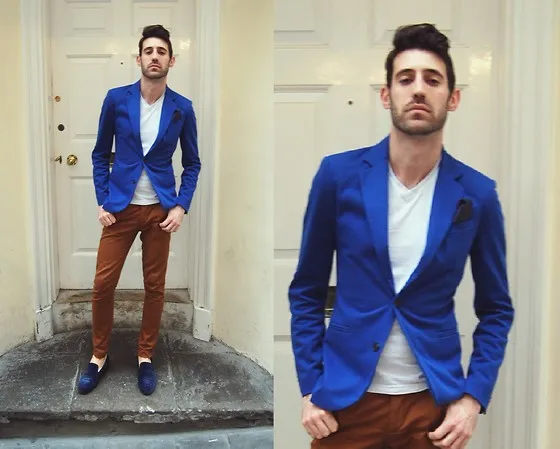 Casual Style Blue Blazer Brown Pants 