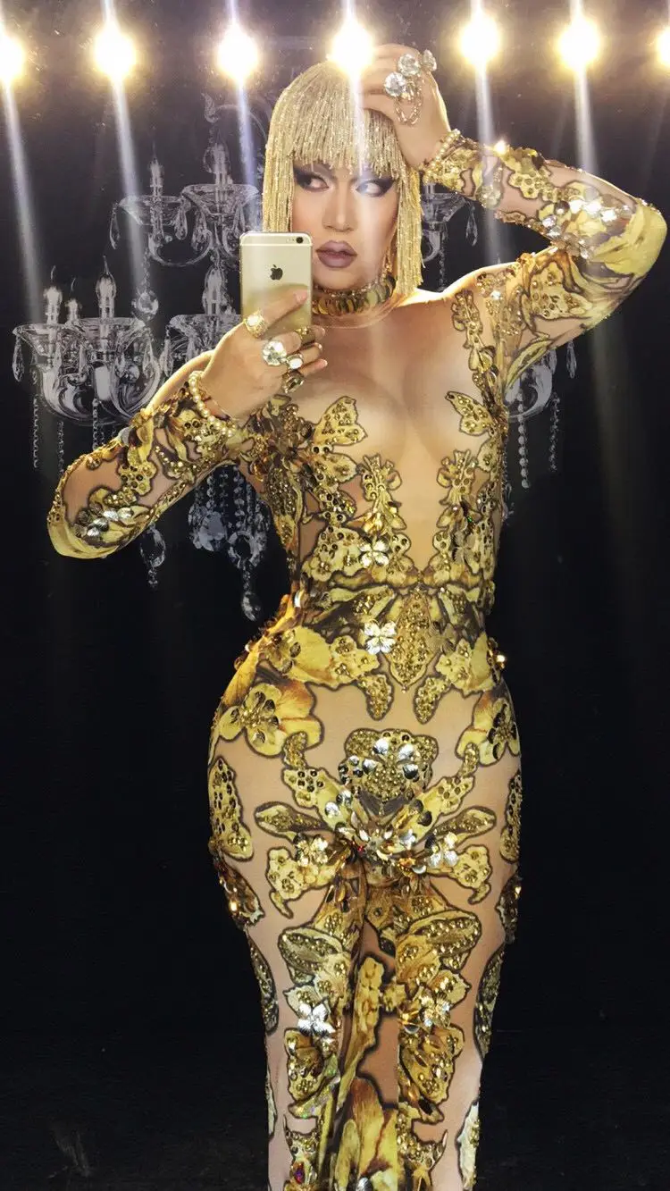 Обтягивающий Золотой комбинезон со стразами женский певец танцор большие штаны костюм Цельный боди Ночной клуб Oufit вечерние комбинезоны